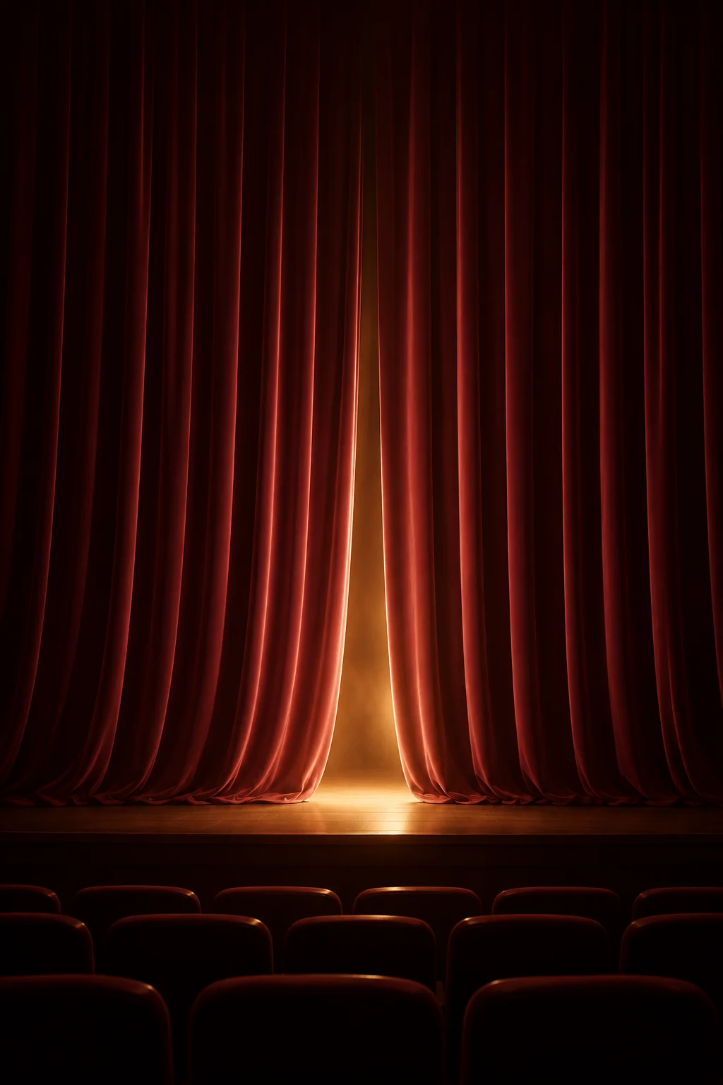 Deep red theater curtains just before the performance begins