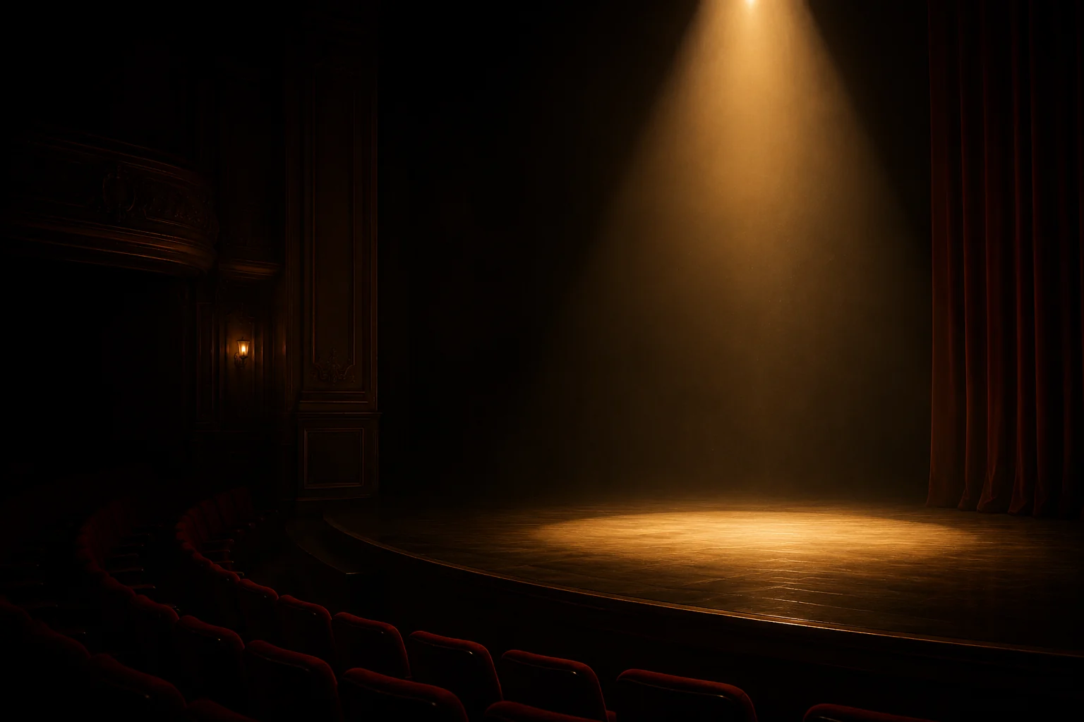 An empty stage illuminated by a single warm spotlight