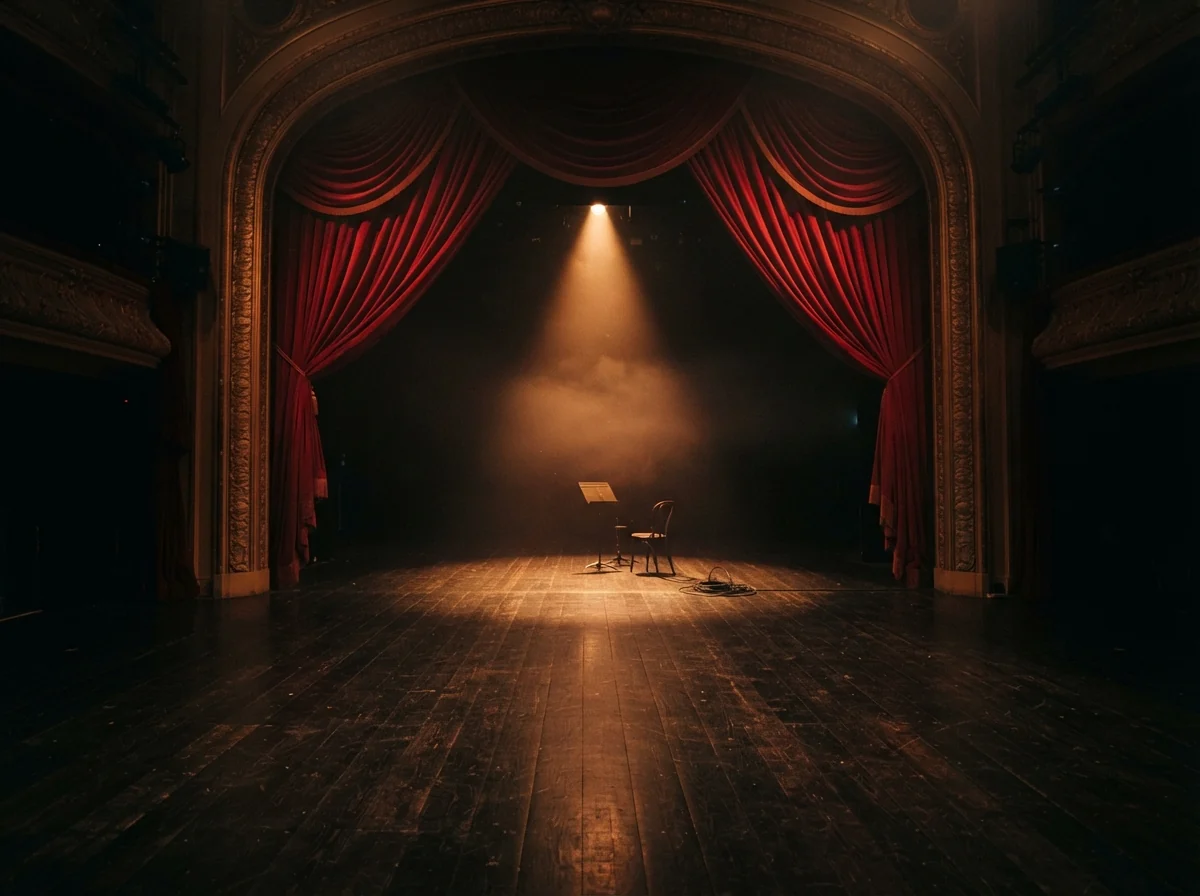 An empty theater stage under a focused spotlight