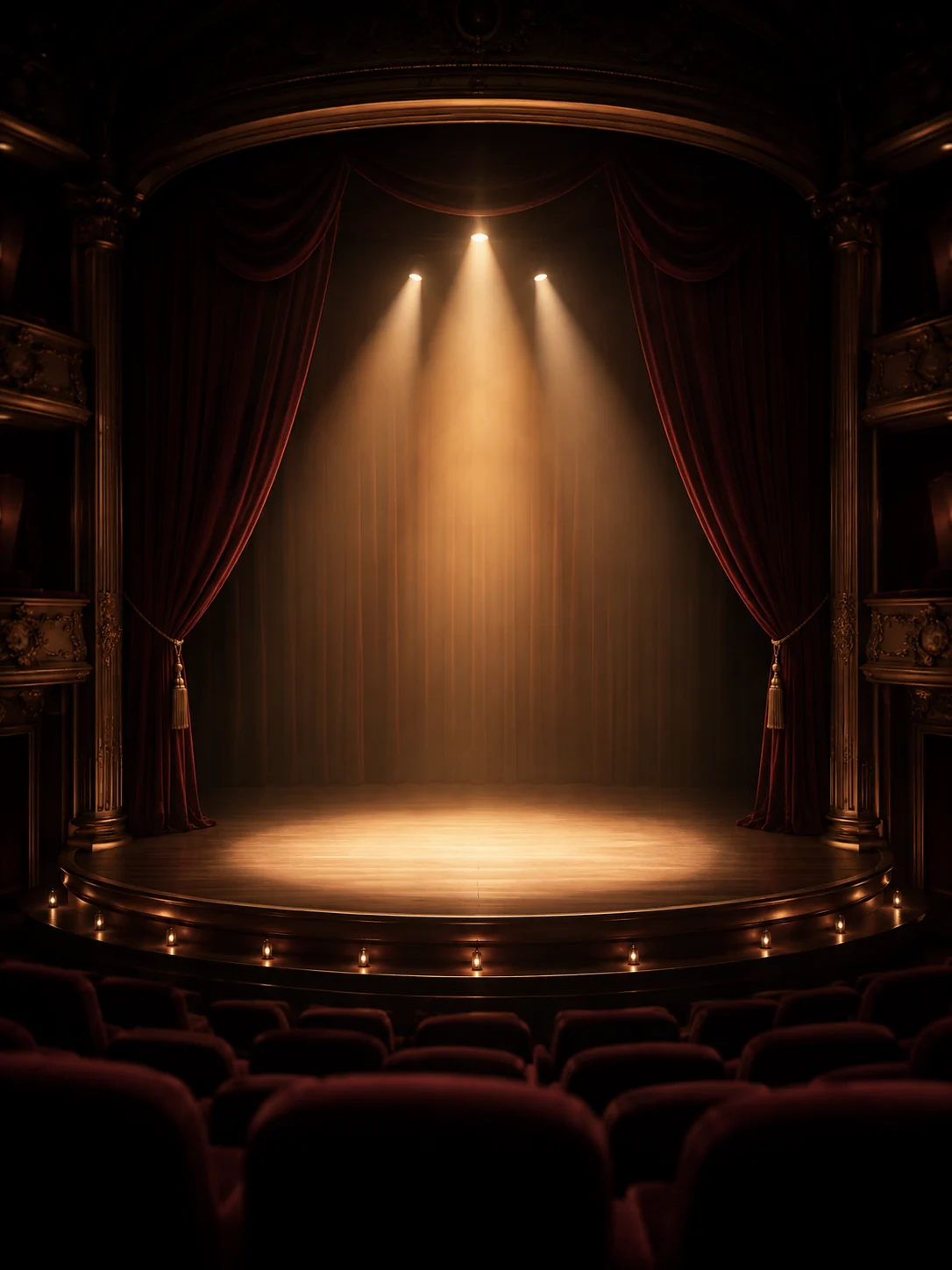 A grand proscenium stage framed by velvet curtains and spotlights