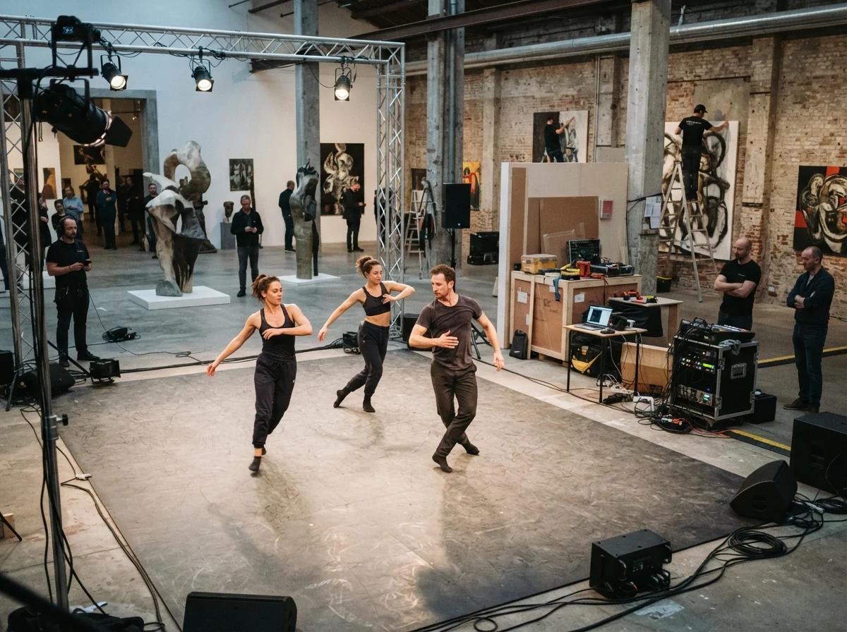 Performers and production crew working through a rehearsal