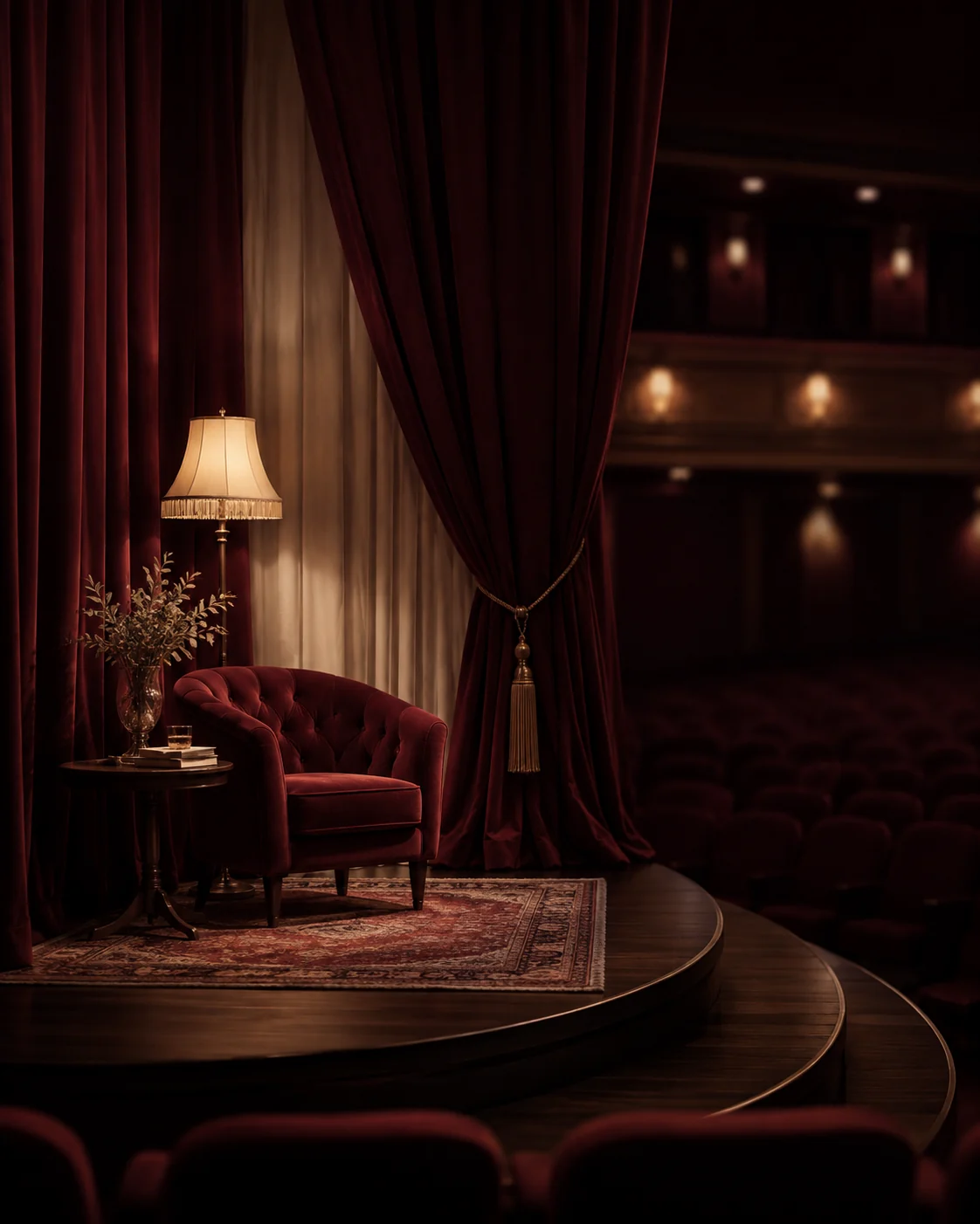 A warmly lit living-room stage set framed by burgundy theater curtains
