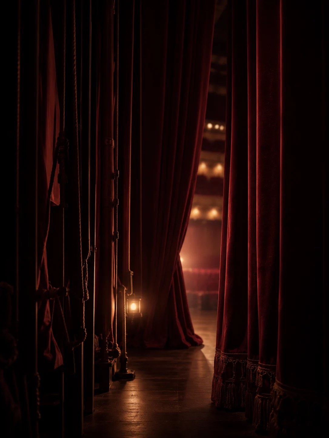 A backstage view through deep burgundy curtains