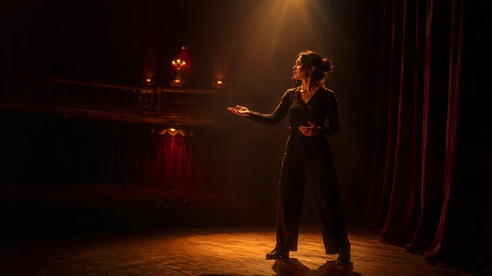 A performer delivering a dramatic monologue under a stage spotlight