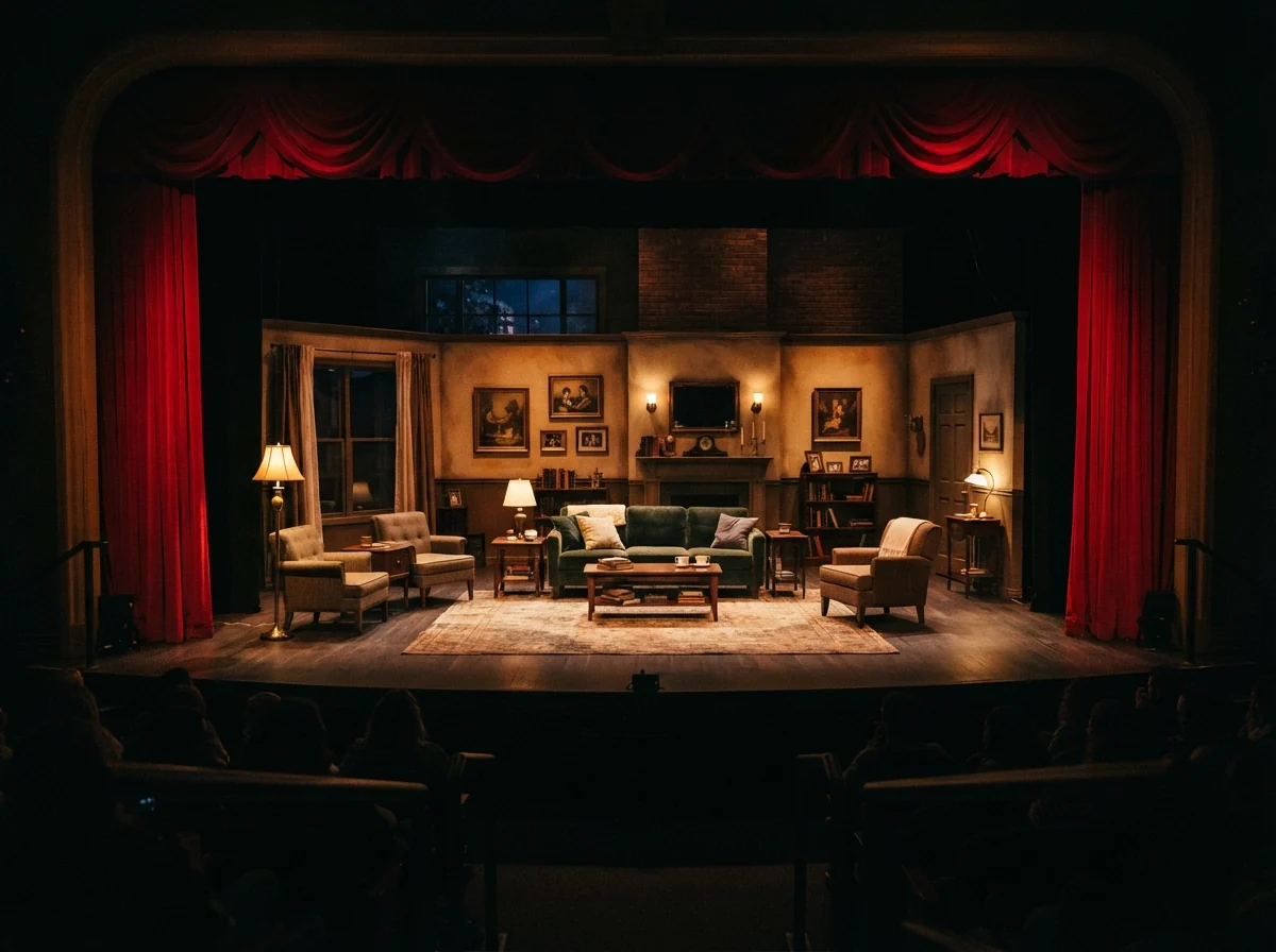 A living-room theatrical stage set prepared for a live LOS Productions performance