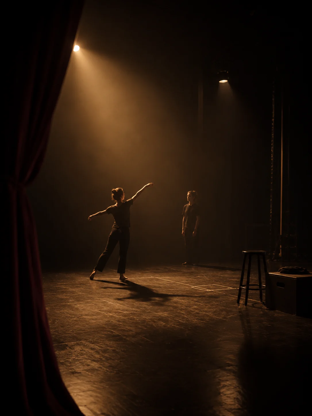 Performers rehearsing under warm theater lights