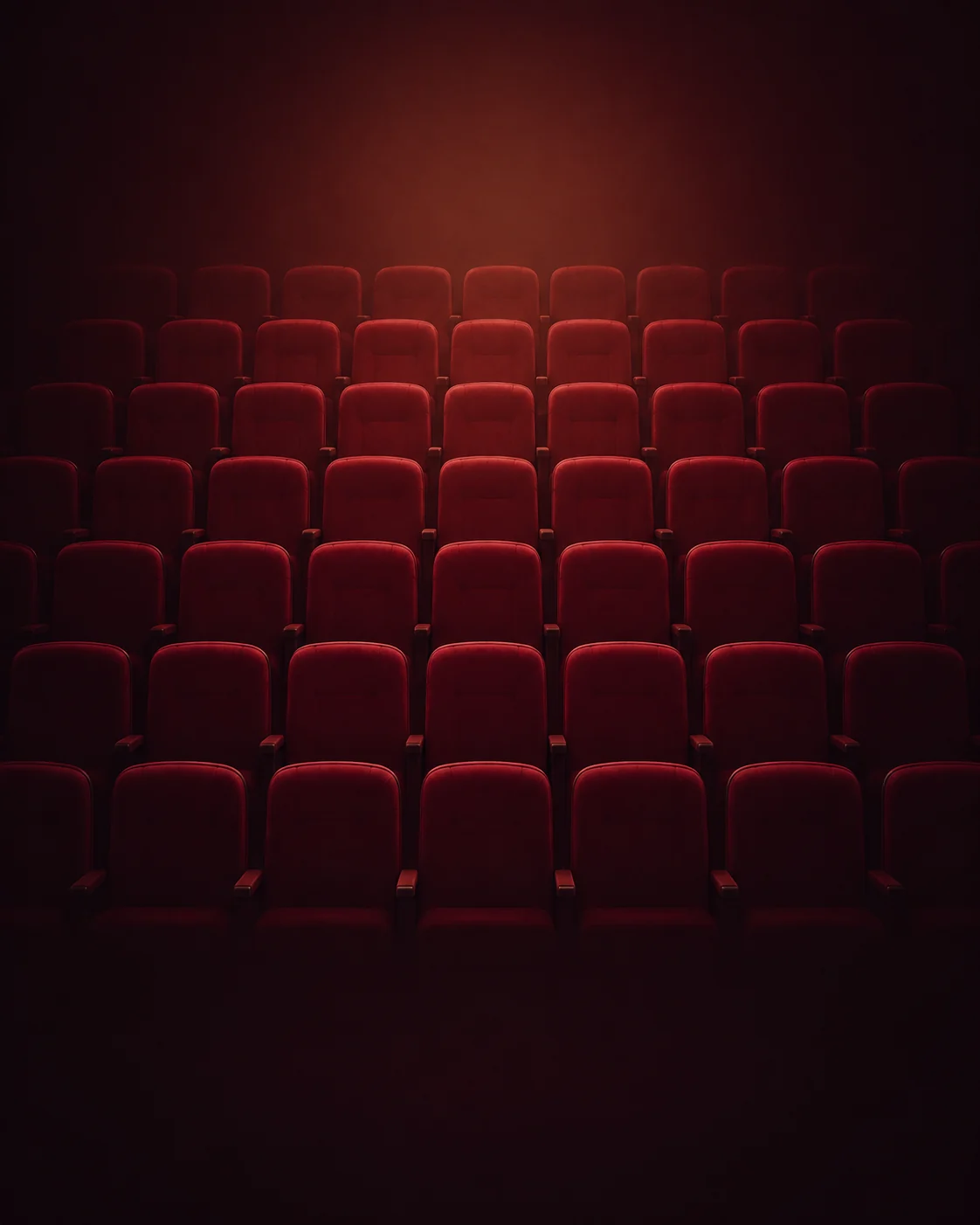 Rows of empty burgundy theater seats ready for an audience
